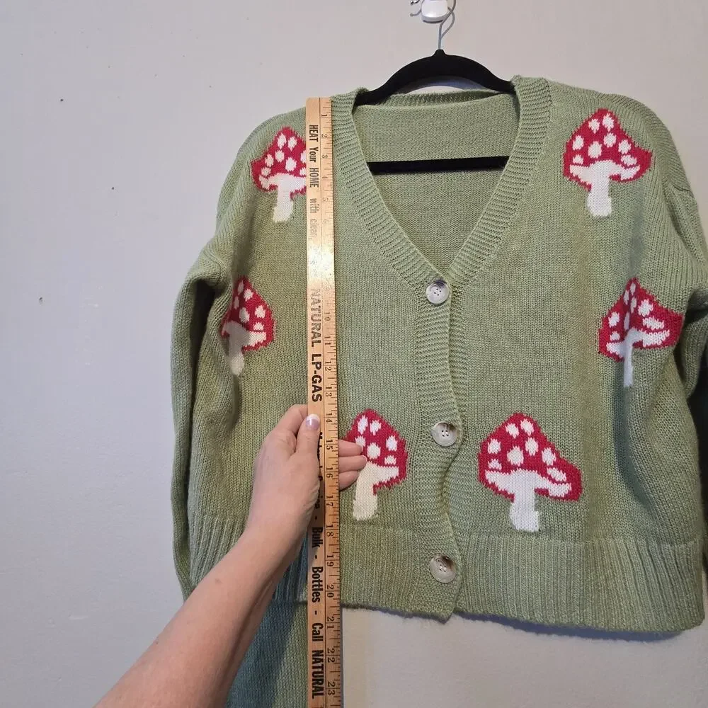 Mushroom Cropped Cardigan Womens LG Green Bohemian Cottage Goblin Woodsy Fairy - Picture 6 of 7